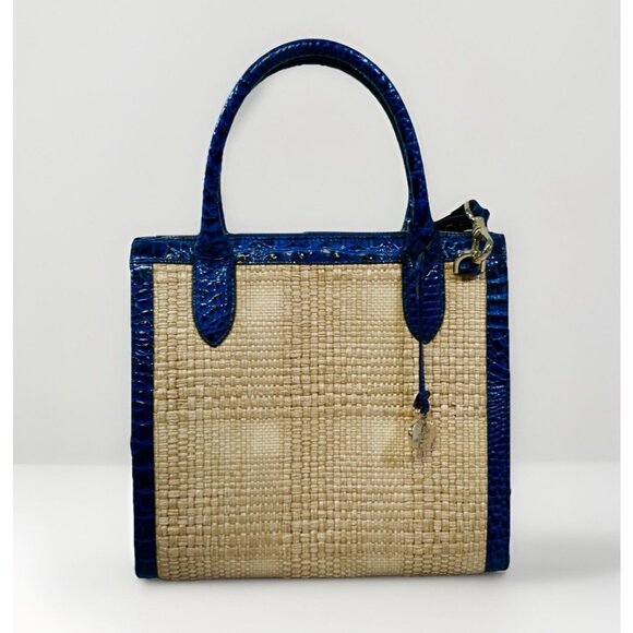 Brahmin Caroline Sapphire Beachrose Straw & Leather Satchel Rare Gorgeous - Picture 1 of 4